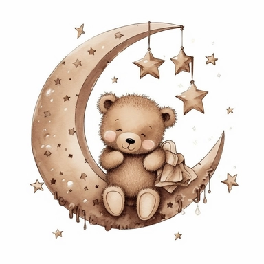 CLIPART, CUTE TEDDY BEAT SLEEPING ON A CRESCENT MOON, NEUTRAL BEIGE COLORS