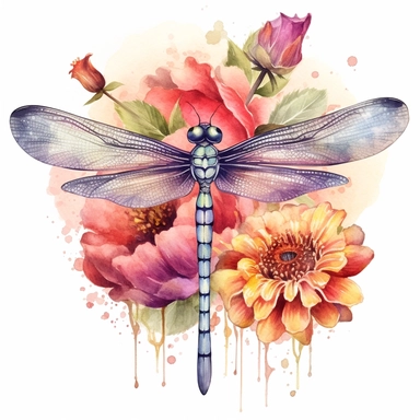 a watercolor clipart of a dragonfly on a flowe