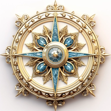 Design an extraordinary clipart of a fairy tale-inspired compass against a pristine white background. The compass should have a golden, filigree design, with a delicate crystal replacing the needle. Depict ancient symbols of guidance and destiny on the compass markings.
