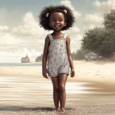 Happy Black Girl Smiling five year old , lplaying on beach in sag harbor art,black girlsclipart, Funny black girl , Cheerful african american girl child png, clipart, afro ,Full body with legs , Cottage core , preppy , Highly detailed close-up portrait , standing , Nicoletta Ceccoli, Mark Ryden, lostfish, Earl Nor, global lighting, divine rays, detailed and intricate surroundings, sf, intricate artwork masterpiece, ominous, matte painting movie poster, blue ratio, trending on cgsociety, intricat