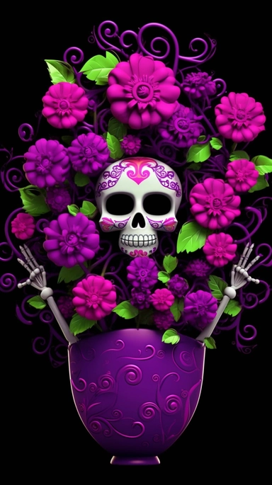 create a funny flowers bouquet, magenta and purple petals, as Halloween, bright green stem, black background, tiny purple bats flying around the flowers, and some tiny funny Catrina skulls for Halloween over emery flower, clipart,
