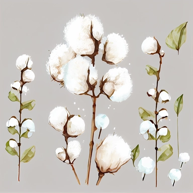 watercolor clipart, vector, hand painted, white fluffy, puffy, cotton ball plant stems, on white background, extreme detail, photo realistic, 8k