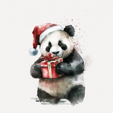 Cute and Happy Panda wearing a Santa hat and holding a Christmas present, Clipart. watercolor style, white background