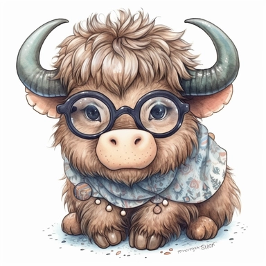 kawaii adorable buffalo wearing cute glasses, nursery art, clipart image, line art image, white background, inspired by yoshitaka amano art, very detailed, 8k