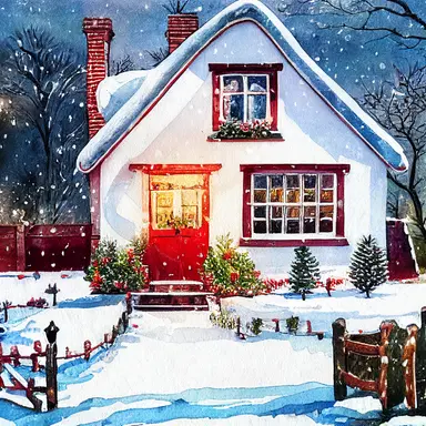 christmas, cute English country cottage, symmetrical, winter, snow, watercolor, clipart