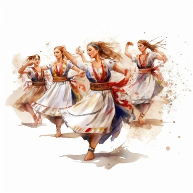 Greek Dance: A clipart image of traditional Greek dancers performing the syrtaki or other folk dances, wearing traditional costumes. watercolor clipart, transparent white background, soft cinematic lights, juicy, bright, high quality, ultra detailed, 32k