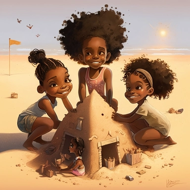 pixar , disney illustration of Sag Harbor , a group of children making other sandcastle icompetition , from the community's stunning Sunset Beach, east hampton , summer vaction, beach town , summer days , muted tones , shy warm heart , pixar , hyper detailed , smooth skin realistic animated — Happy Black kids Smiling art,black girlsclipart, Funny black girl , Cheerful african american kids building many different sand castles , clipart, afro ,Full body with legs , Cottage core , preppy , Highly 