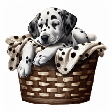 cute puppy dalmatian taking a nap in a laundry basket clipart no background