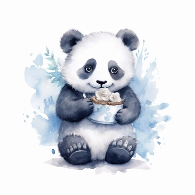 Cute fluffy panda clipart illustration on white background, cartoon art nouveau watercolor
