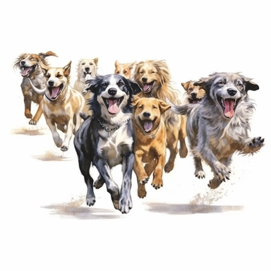 Dogs Clipart, Group of Dogs are running, Full body animal, Watercolor, white background, solid white background, realistic