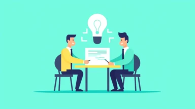 a simple flat microsoft office clip art style illustration of two office persons reviewing an important contract in their hand, idea light bulb on one of their head light green blue white pastel color palette
