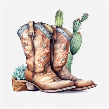 White background, Cowboy boots, clipart, Cowboy hat on shoes, pastel