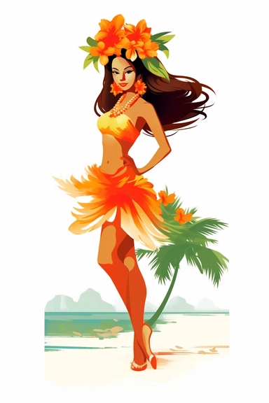 hawaiian woman on beach, retro cartoon, drawing clipart, Tropical Sublimation, Coconut Girl, Hibiscus, white background