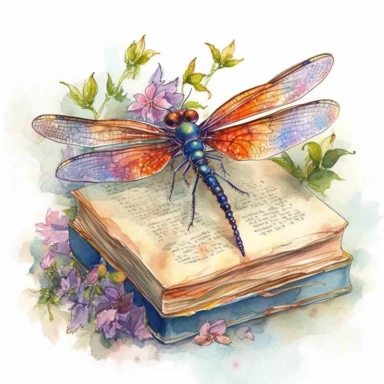 artwork in the style of cicely mary barker, clipart, whimsical watercolour illustration of a cute dragonfly and flowers, very colourful, watercolor clipart, book cover illustration, hyper HD, white background