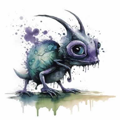 ink wash cute creature clipart on transparent background, rodney matthews style, no splash, black inky blue purple violet green, single sheet, 4k