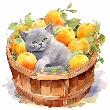 Watercolor british shorthair kitten peacfully sleeping in a laundry basket clipart, british shorthair breed, surrounded by oranges and orange leaf and branches, couple of oranges, high detail oranges, high quality drawing, high quality, body visible, summer colors, hairs are visible, variety of kitten type, summer day theme, valentines day theme, full body kitten, crawling in basket, peacefull fealing, childlike innocence and charm, peacefully sleeping cat, shy kitten, oh my god I wanna hug it, 