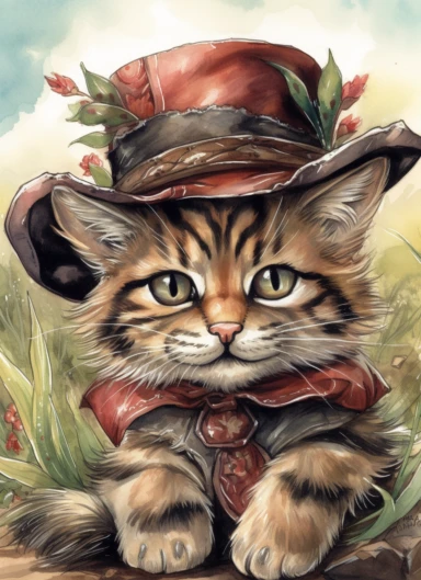 clipart,a cute little tiger in a field with a cowboy hat on its head and a bandana on its neck,in the style of jody bergsma, 32k uhd, hand-painted details, charming character illustrations, dark brown and light beige,red/green, aquarellist, hd , white background clipart