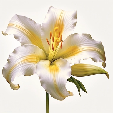 Envision a single lily clipart, drawn with breathtaking realism. This art piece captures the lily in all its glory - a full bloom with delicate, curved petals unfurling elegantly. The colors transition from the softest white at the base to a rich, vibrant shade at the petal tips. The stamen stands at the heart of the flower, its golden hue contrasting brilliantly against the petal's colors. Set against a pure white background, the intricate detail and vivid colors of this lily make it a standout