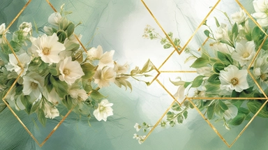 a simple gorgeous aesthetic vintage gold diamond-shape picture frame with minimal flowers border around outside the frame on soft green background clipart, watercolor painting realistic, high quality, vibrant, Vicente Romero Redondo, Willem van Aelst