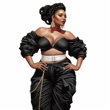 ?????socialite black woman bods, plus size, long massive braids, full glam, fashion icon, talented and good vibes, dressy pant and couture frilly fliiw top, clipart, white background