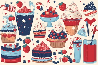 4th of July Usa Independence Day party food and drink vector clipart, border decor. Set of cupcakes, ice cream, juice, watermelon, cake in white, blue, red Us flag colors vector art illustration