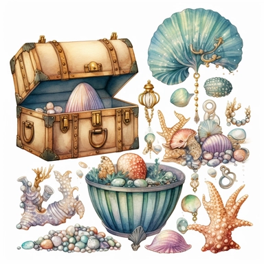 watercolor clipart mermaid clipart , jewels, treasure chest, pearls , shells with pearls, cute fish, seaweed , cartoon detailed