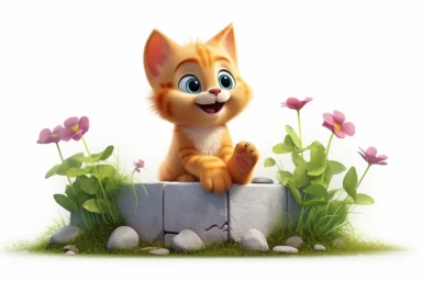 cute cat, pixar style, animation, hd, orange cat, playing in garden, clipart, white background