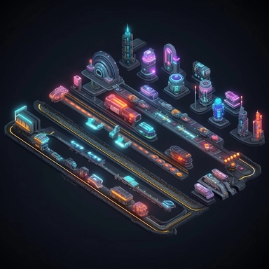 isometric, spritesheet, game assets, futuristic hover train tracks, isometric perspective, game sprite, sci-fi, cute, fun, creative, cartoon, clipart, hyper-detailed, black background