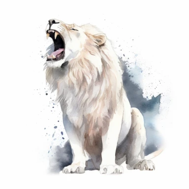 watercolor clipart of roaring white lion, full body shot, cosmos in background, on white background