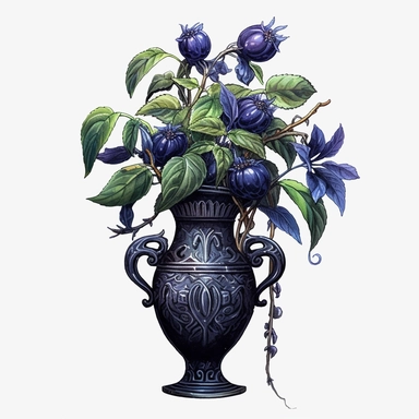 Watercolour beautiful dark fantasy realistic compelling magnificent deadly nightshade Atropa belladonna plant in gothic black vase intricately perfectly detailed with beautiful realistic compelling deadly nightshade plant PNG image,ultra highly detailed, 18k, sharp focus, bright photo with vibrant bold colours digitally enhanced, enhanced graphics, straight, sharp focus, bright lighting, intricate detailed png image ,high definition,300dpi,graphic clipart,computer graphics