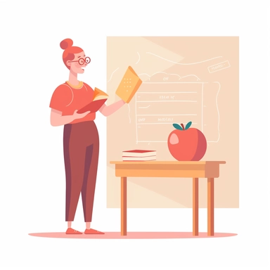 vector design, image the teacher is standing, behind the back is a chalkboard, side table with books, a close shot, flat modern illustration, clipart, white background, soft gradient transition, in the style of warm color palette, natural pastel colors, in bed red and yellow, object portraiture specialist, uniformly staged images, animated illustrations
