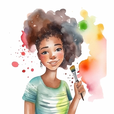 watercolor pretty mixed african american teen girl painting clipart, hd, on white background, spaced out--ar 3:2--s 1000