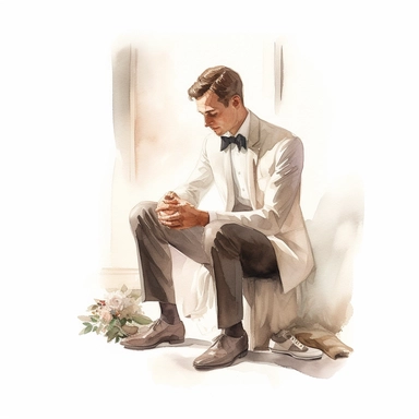 watercolor beautiful groom Getting Ready: Illustrate the groom's preparations before the wedding ceremony. Show him in a reflective moment, adjusting his tie, polishing his shoes, or looking at himself in the mirror. This perspective can evoke a sense of anticipation and introspection., very detailed, clipart, modern style, white background, 8k
