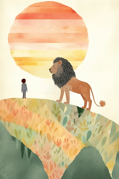 A 5 years old boy and a lion standing side by side on a cliff and sun rising, isolated on white background, clipart, loose, watercolor gouache, textured, paper, naive folk art, whimsical, in the style of Lilla Rogers agency illustrator, isometric perspective, storybook style, pastel color, subtle patterns, stripes, dots, floral