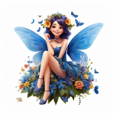 a beautiful smiling fairy girl sitting in flowers, royal blue dress, big fairy wings, lovely butterflies all around her, pixar style, full body image, clipart, white background