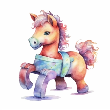 cute colorful rocking horse clipart, for childish cards, detail, illustration style, high solution, Watercolor, on the white background, hd