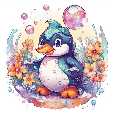 cute penguin sliding down an icy slope, playful dragon blowing bubbles with its nose, depicted in a whimsical, cartoon style, watercolor, surrounded by colorful flowers and butterflies. The mood of the artwork is cheerful and playful, with a soft pastel color palette. The lighting style is bright and sunny, evoking a warm and inviting feeling. clipart design graphic, vector, contour, super cute, isolated white background, high quality, 2d, flat
