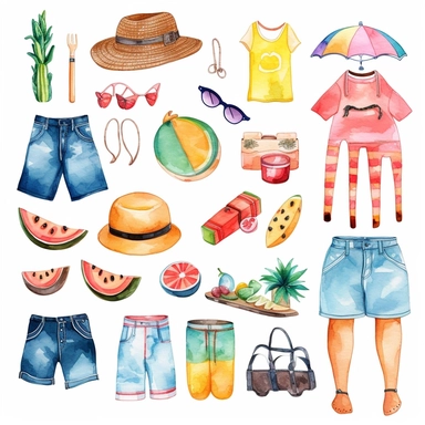 colorful watercolor summer clothes equipment collection clipart, in the style of whimsical cartoon-style, various goods, multiple objects, fun, summer equipments, jcore, playful, youthful images, iso 200, manapunk, primary colors, white background