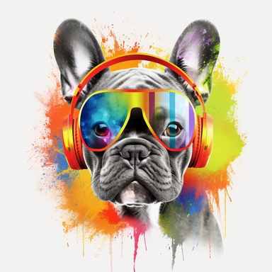 french bulldog, transparent backround,clipart,4k hd, ,headphone,sunglasses, really really colorful
