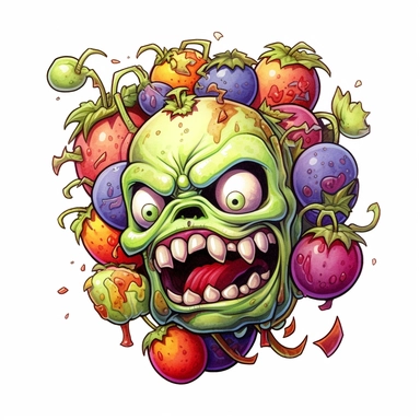 zombie fruit, cartoon, colored pencils, white background, black outline, Clipart extremely detailed