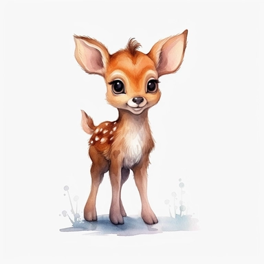 Watercolour cute disney inspired animated woodland baby deer realistic baby deer playing Disney inspired cute baby deer perfect cute real facial features compelling beautiful realistic eyes four perfect legs and hooves perfectly detailed baby deer beautiful realistic intricate detailed perfect baby deer cute details , PNG image,ultra highly detailed, 18k, sharp focus, bright photo with vibrant colours, digitally enhanced,photographic, enhanced graphics, straight, sharp focus, bright lighting, in