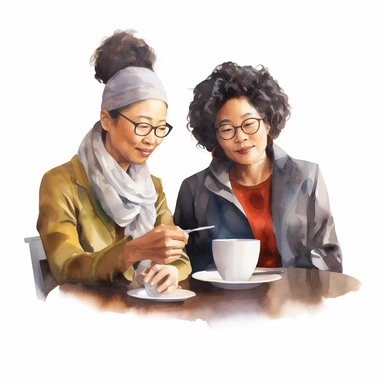 illustration clipart of Asian african american woman and her Asian Mother sitting at a cafe table having coffee, hyperrealistic, white background