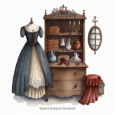 dark academia, christmas dresser, fairytale, folk art, watercolor, white background, clipart
