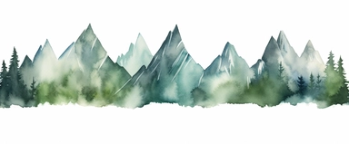 watercolor clipart of mountain peaks. very soft light colors of blue and green. simplistic.