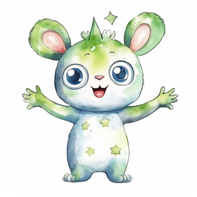 Watercolor illustration of a smiling and cute kawaii furry baby space alien, big eyes with reflection of cosmos, children clipart illustration, white background, whole body shot