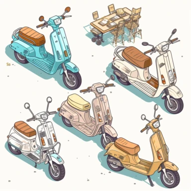 a clipart collection of a set of four isometric luxury scooter, highly detailed, crisp sharp lines , istock, clip-art, ,, 2070s, steel, , how-to, , harmony of, marker”, , 4, instrument, ultimate, 5, movies, three - dimensional , high quality vector svg white background , organised in rows spaces gap orderly