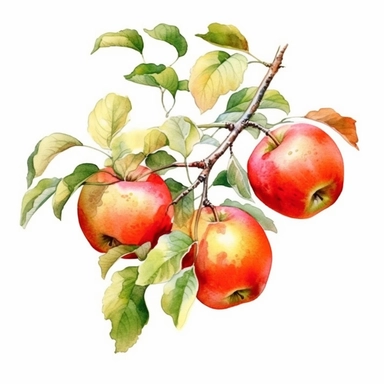Botanical illustration, a branch of apples, sharp outlines, sharp handwriting watercolor clip art, comics, full size watercolor, watercolor style, Timothy Easton's style