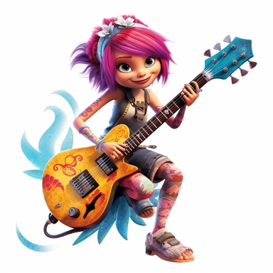 a fairy dressed as a extreme punk, big beautiful wings, playing electric guitar, tattoo's, smiling, full body image, pixar style, clipart