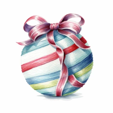 A Christmas ball and Bow, full color, knitted painting texture, Perfect for nursery art and children's book illustration style, simple, cute, full color, clipart, watercolor illustration, single object, high definition 8k, white background for removing background