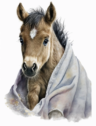 baby horse in a blanket, watercolor clipart, transparent background,
